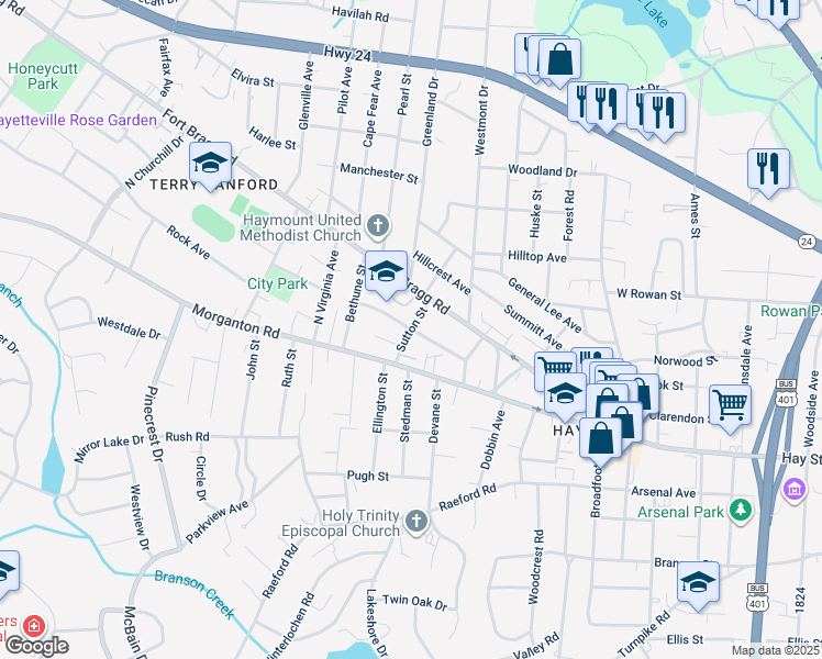 map of restaurants, bars, coffee shops, grocery stores, and more near Sutton Street in Fayetteville