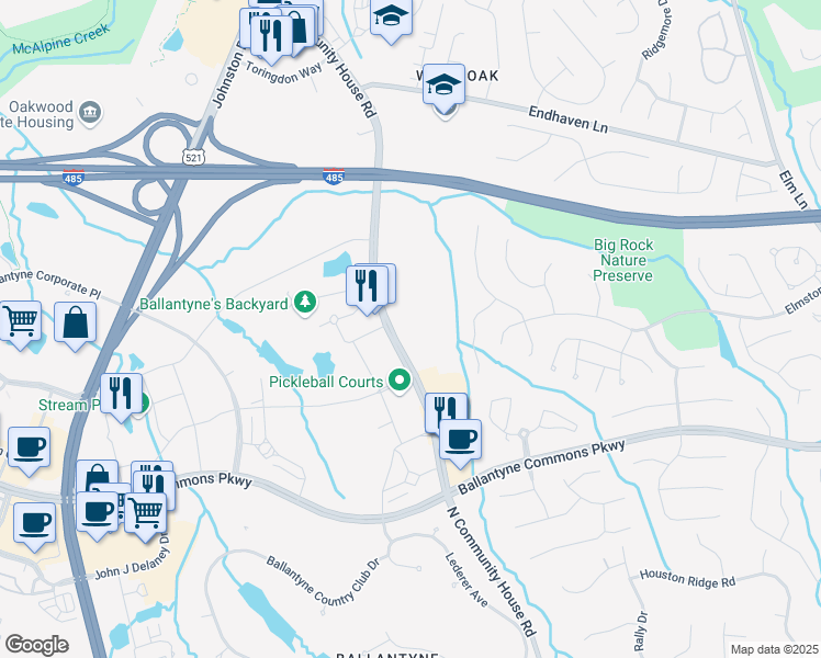 map of restaurants, bars, coffee shops, grocery stores, and more near 11600 North Community House Road in Charlotte
