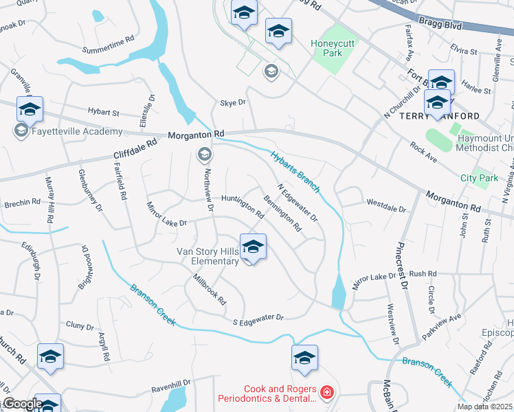 map of restaurants, bars, coffee shops, grocery stores, and more near 2706 Huntington Road in Fayetteville