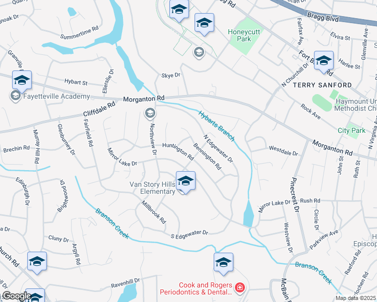 map of restaurants, bars, coffee shops, grocery stores, and more near 2706 Huntington Road in Fayetteville