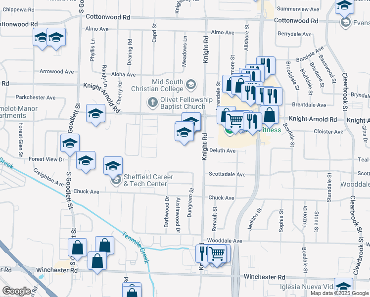 map of restaurants, bars, coffee shops, grocery stores, and more near 3237 Knight Road in Memphis