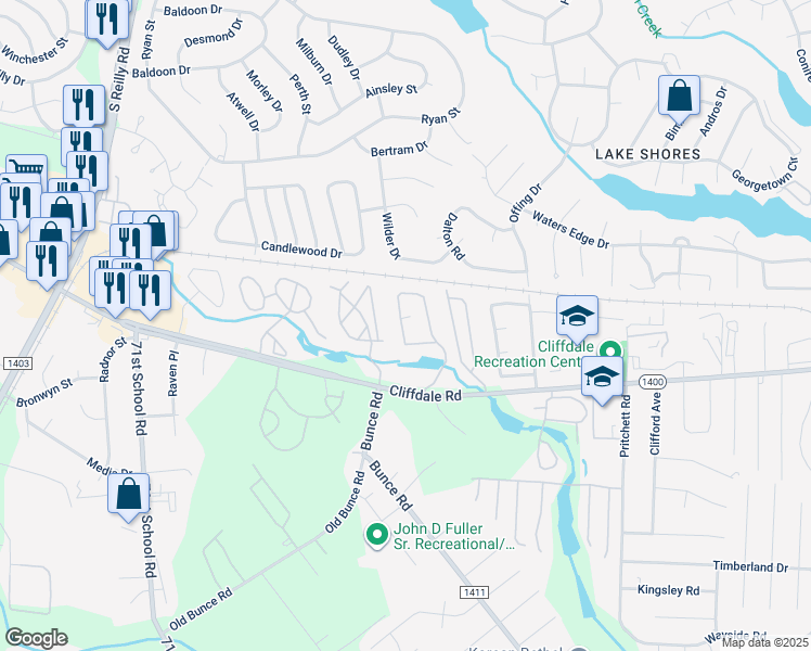 map of restaurants, bars, coffee shops, grocery stores, and more near 668 Bartons Landing Place in Fayetteville