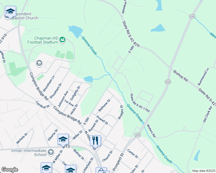 map of restaurants, bars, coffee shops, grocery stores, and more near South 580 in Inman