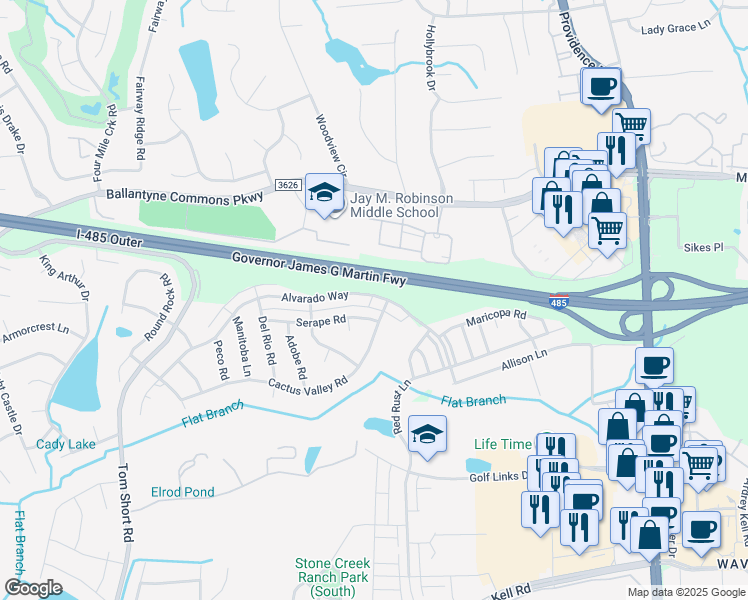 map of restaurants, bars, coffee shops, grocery stores, and more near 5519 Cactus Valley Road in Charlotte