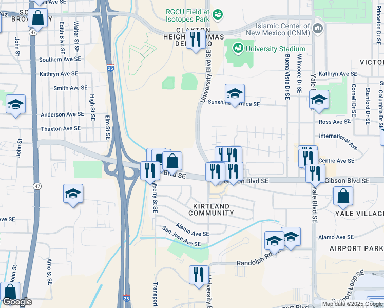 map of restaurants, bars, coffee shops, grocery stores, and more near 1511 Gibson Boulevard Southeast in Albuquerque