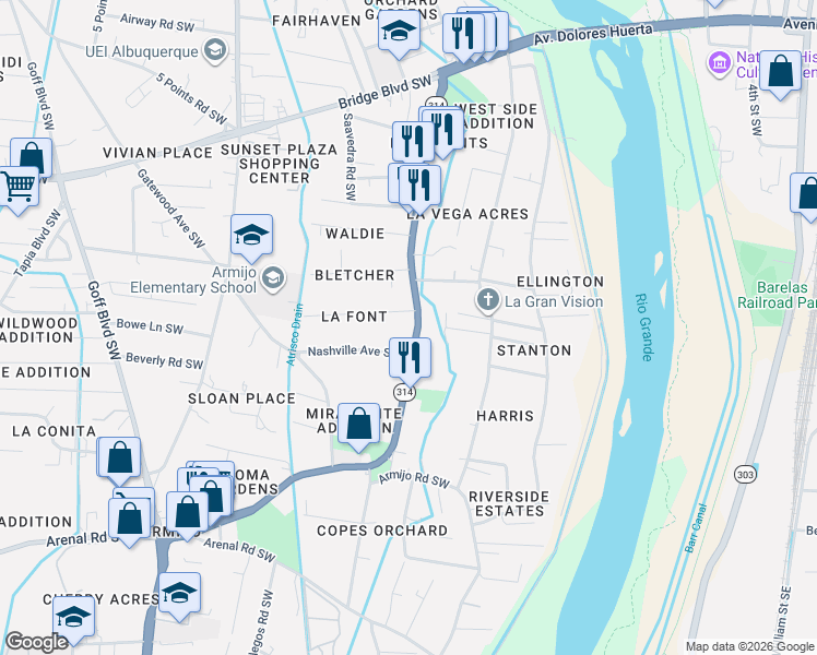 map of restaurants, bars, coffee shops, grocery stores, and more near 635 Isleta Boulevard Southwest in Albuquerque