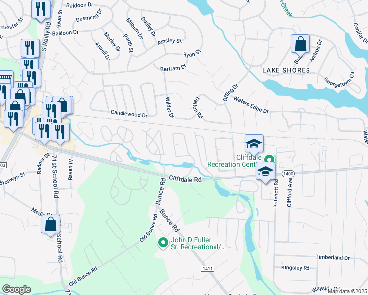 map of restaurants, bars, coffee shops, grocery stores, and more near 661 Bartons Landing Place in Fayetteville