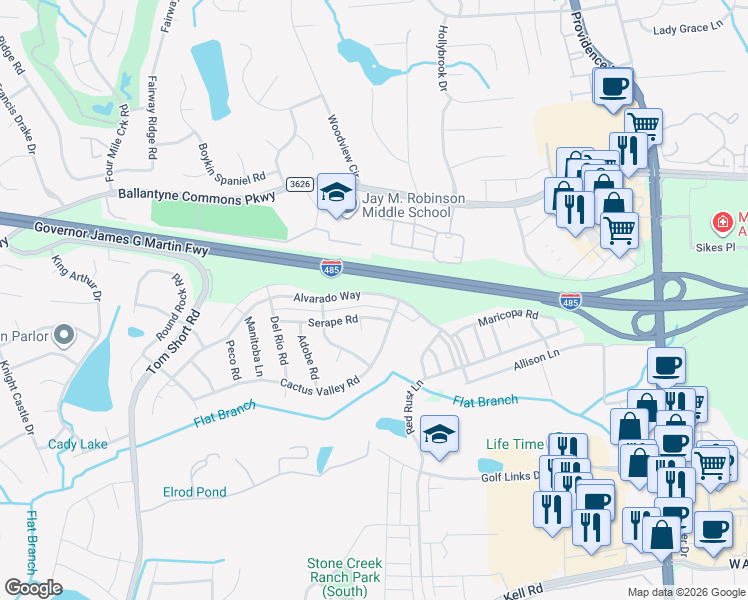 map of restaurants, bars, coffee shops, grocery stores, and more near 5603 Lago Vista Court in Charlotte