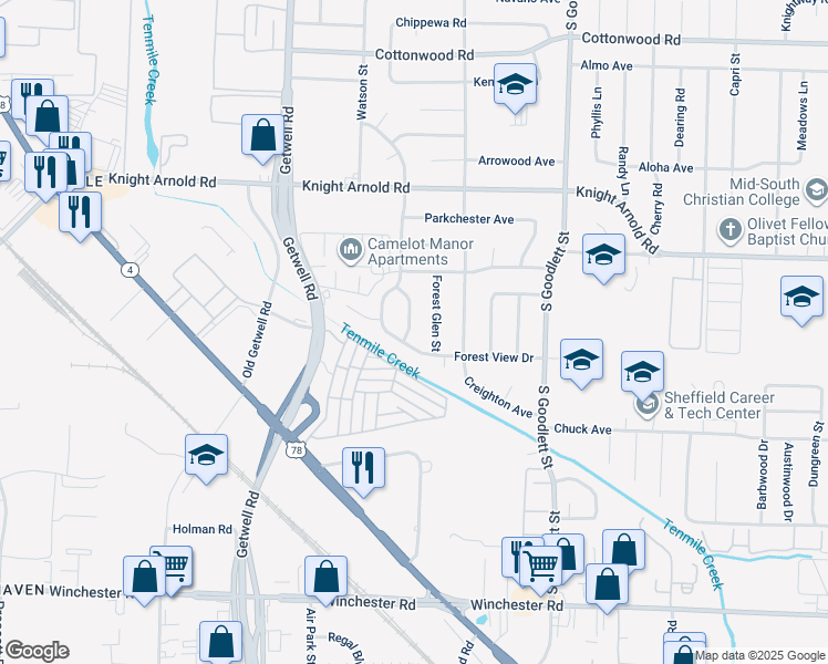 map of restaurants, bars, coffee shops, grocery stores, and more near 4067 Forest View Drive in Memphis