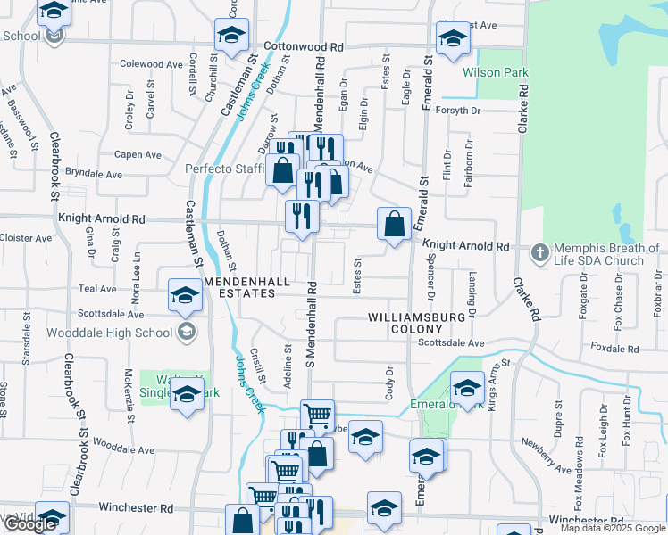 map of restaurants, bars, coffee shops, grocery stores, and more near 3229 13 Colony Mall in Memphis