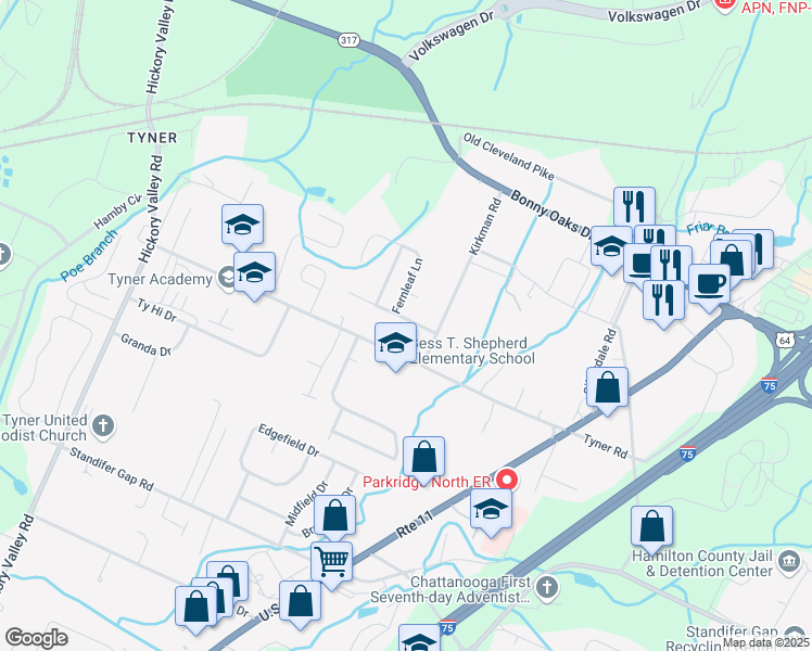 map of restaurants, bars, coffee shops, grocery stores, and more near 7136 Arbor Leaf Lane in Chattanooga