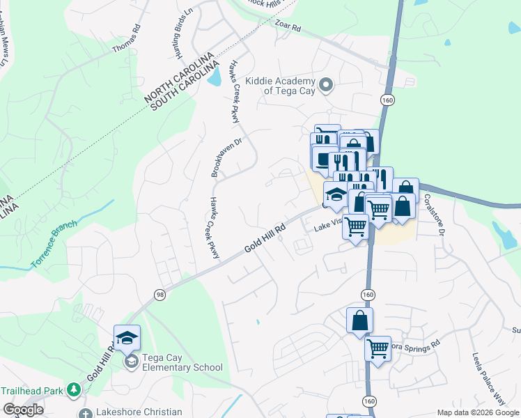 map of restaurants, bars, coffee shops, grocery stores, and more near 1838 Gold Hill Road in Fort Mill