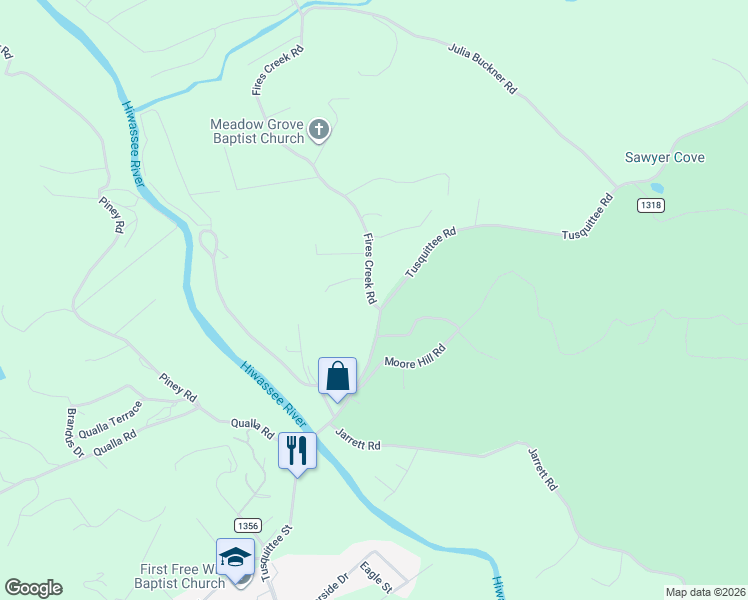 map of restaurants, bars, coffee shops, grocery stores, and more near 1 Slave Drive in Hayesville