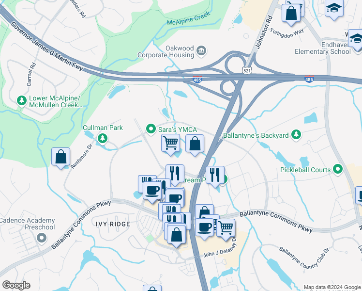 map of restaurants, bars, coffee shops, grocery stores, and more near 15720 John J Delaney Drive in Charlotte