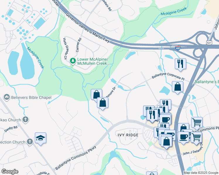 map of restaurants, bars, coffee shops, grocery stores, and more near 11115 Rushmore Drive in Charlotte