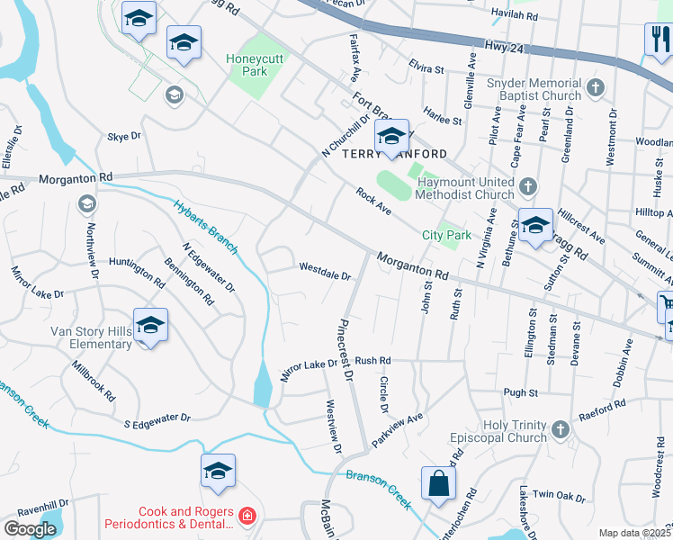 map of restaurants, bars, coffee shops, grocery stores, and more near 2210 Westdale Drive in Fayetteville