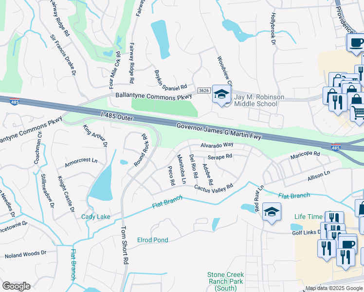 map of restaurants, bars, coffee shops, grocery stores, and more near 10419 Alvarado Way in Charlotte