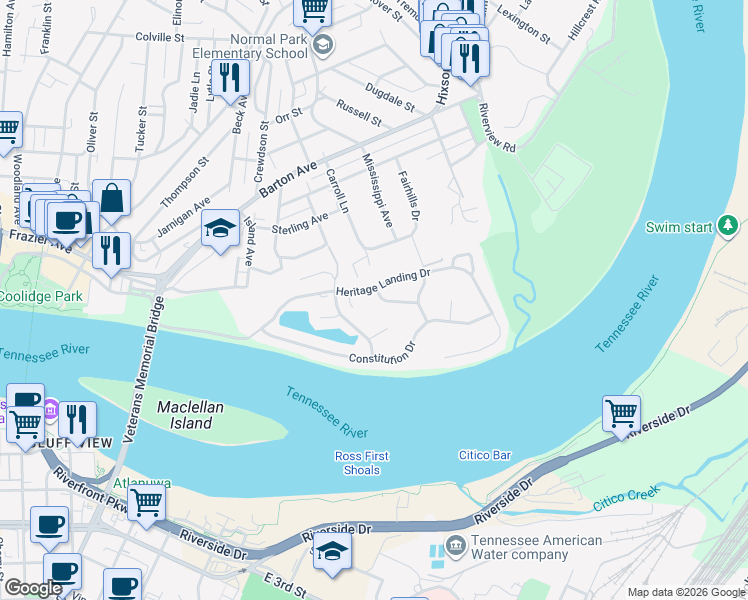 map of restaurants, bars, coffee shops, grocery stores, and more near 2004 Clearfield Lane in Chattanooga