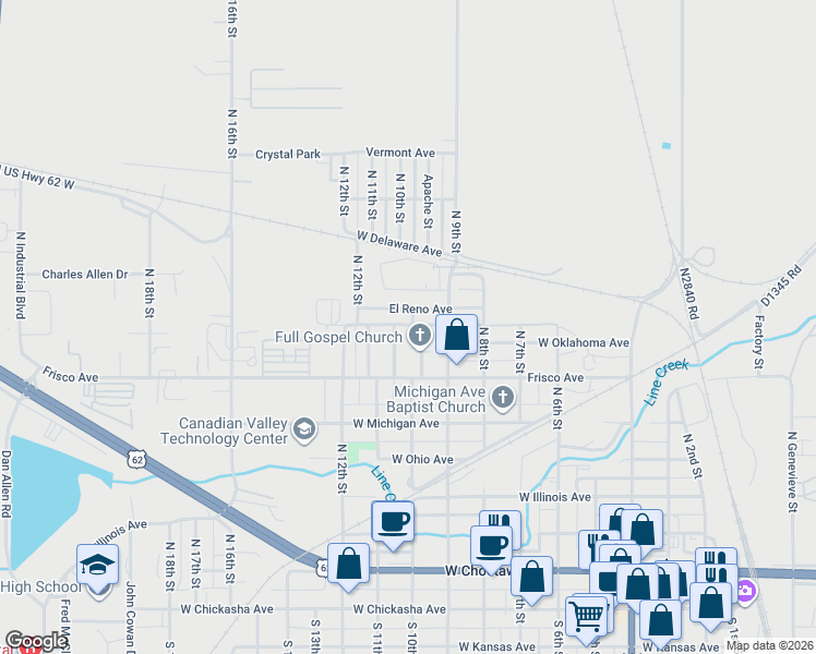 map of restaurants, bars, coffee shops, grocery stores, and more near 711 North 10th Street in Chickasha