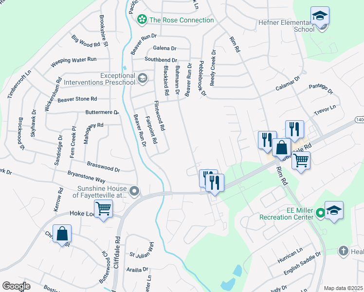 map of restaurants, bars, coffee shops, grocery stores, and more near 400 Buhmann Drive in Fayetteville