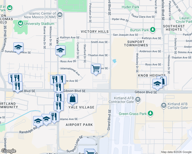 map of restaurants, bars, coffee shops, grocery stores, and more near 2800 Vail Avenue Southeast in Albuquerque
