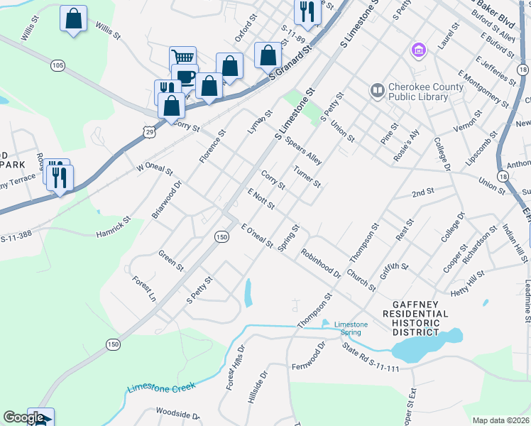 map of restaurants, bars, coffee shops, grocery stores, and more near 102 East Nott Street in Gaffney