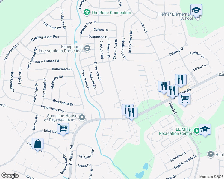 map of restaurants, bars, coffee shops, grocery stores, and more near 400 Buhmann Drive in Fayetteville