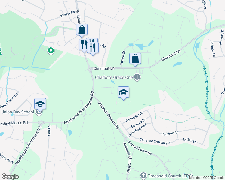 map of restaurants, bars, coffee shops, grocery stores, and more near 3617 Matthews Weddington Road in Matthews