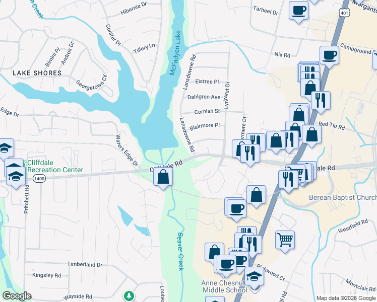 map of restaurants, bars, coffee shops, grocery stores, and more near 225 Lansdowne Road in Fayetteville