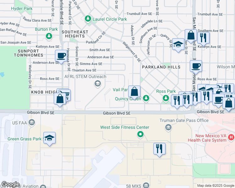 map of restaurants, bars, coffee shops, grocery stores, and more near 4001 Crossroads Place Southeast in Albuquerque