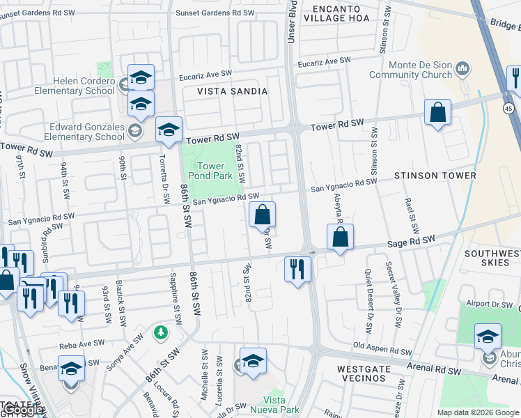 map of restaurants, bars, coffee shops, grocery stores, and more near 7944 Christopher Road Southwest in Albuquerque