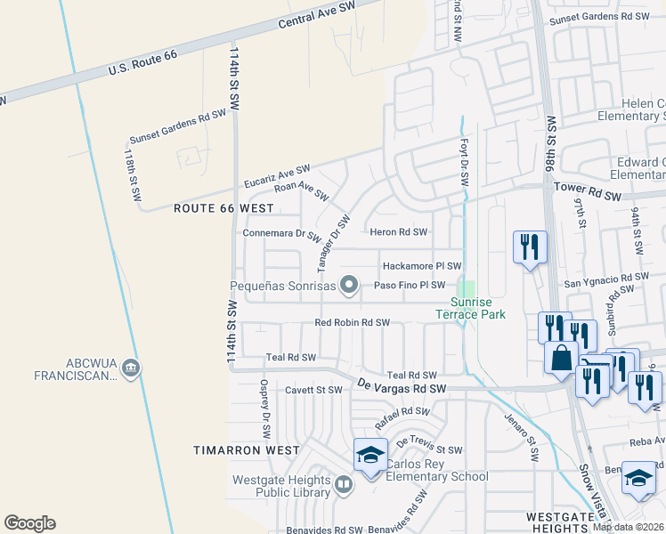 map of restaurants, bars, coffee shops, grocery stores, and more near 10623 Connemara Drive Southwest in Albuquerque