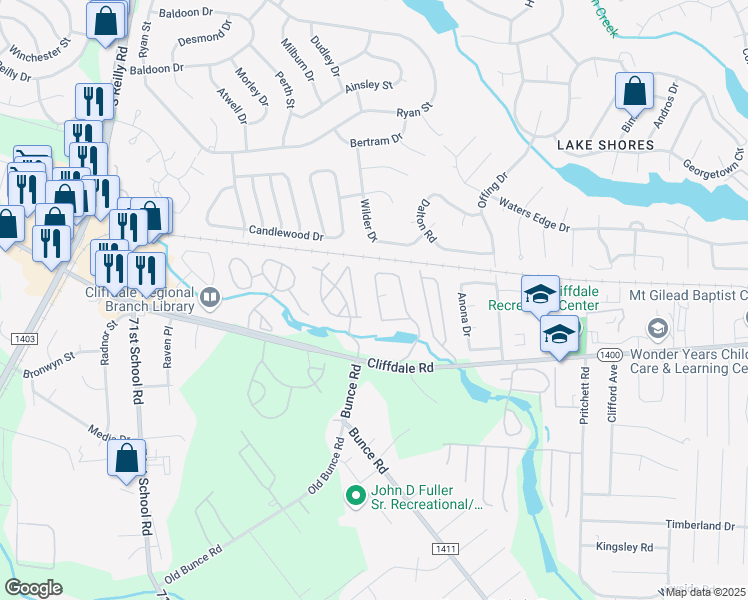 map of restaurants, bars, coffee shops, grocery stores, and more near 673 Bartons Landing Place in Fayetteville