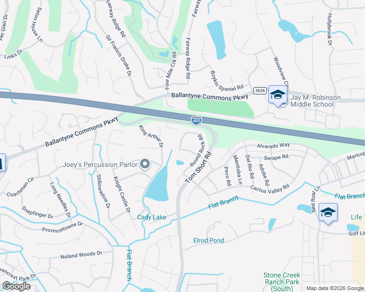map of restaurants, bars, coffee shops, grocery stores, and more near 10718 Round Rock Road in Charlotte