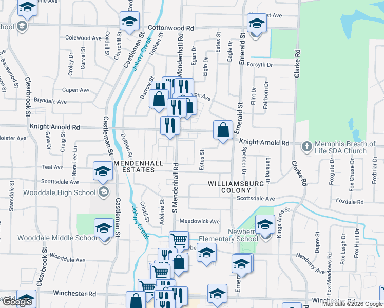 map of restaurants, bars, coffee shops, grocery stores, and more near 3218 13 Colony Mall in Memphis