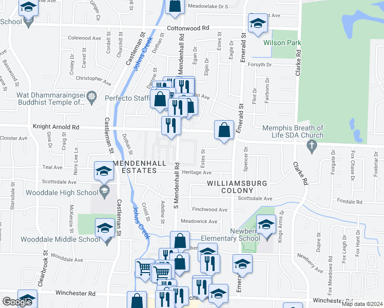map of restaurants, bars, coffee shops, grocery stores, and more near 3218 13 Colony Mall in Memphis
