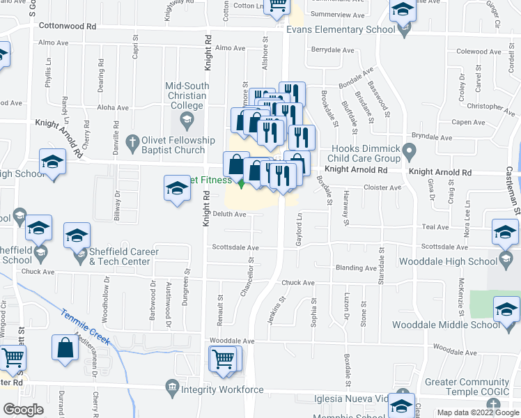 map of restaurants, bars, coffee shops, grocery stores, and more near 4694 Deluth Avenue in Memphis