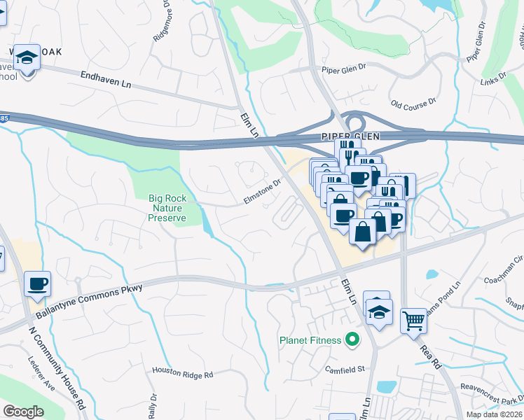 map of restaurants, bars, coffee shops, grocery stores, and more near 6139 Park Hill Road in Charlotte