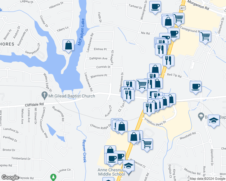 map of restaurants, bars, coffee shops, grocery stores, and more near 446 Windermere Drive in Fayetteville