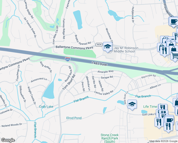 map of restaurants, bars, coffee shops, grocery stores, and more near 10427 Alvarado Way in Charlotte