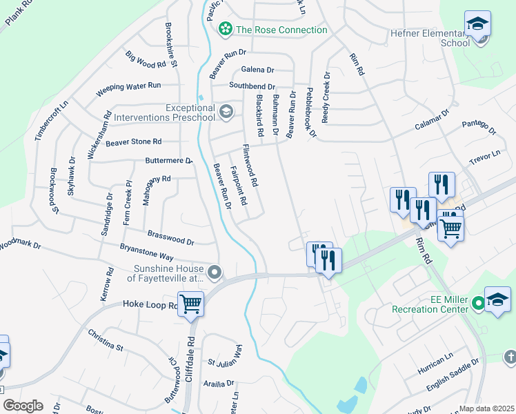 map of restaurants, bars, coffee shops, grocery stores, and more near 968 Flintwood Road in Fayetteville