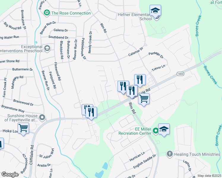 map of restaurants, bars, coffee shops, grocery stores, and more near 5002 Waterloo Avenue in Fayetteville