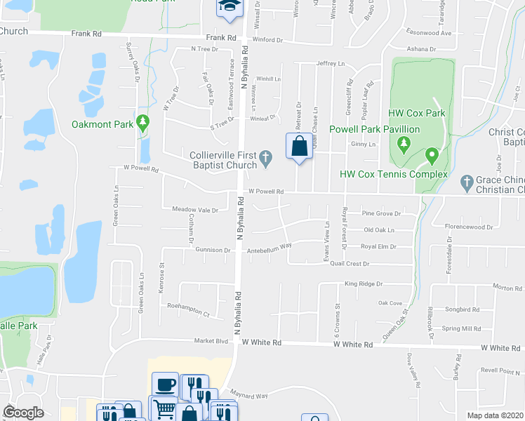 map of restaurants, bars, coffee shops, grocery stores, and more near 668 Port Natchez Cove West in Collierville