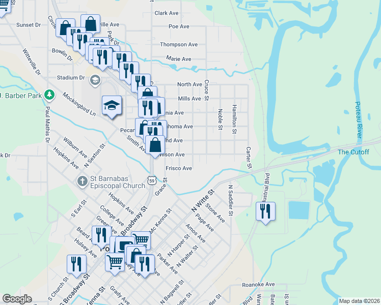 map of restaurants, bars, coffee shops, grocery stores, and more near 305 Pearl Street in Poteau