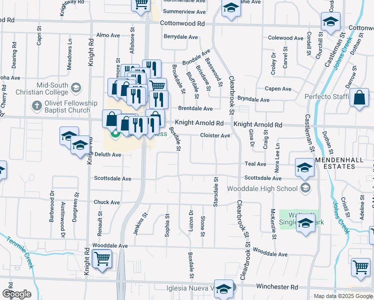 map of restaurants, bars, coffee shops, grocery stores, and more near 3233 Haraway Street in Memphis