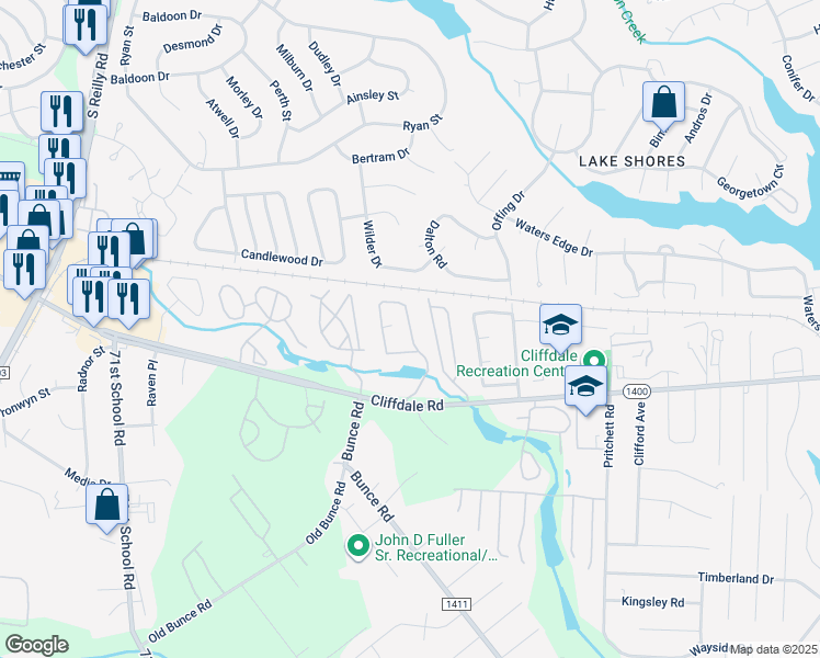 map of restaurants, bars, coffee shops, grocery stores, and more near 683 Bartons Landing Place in Fayetteville