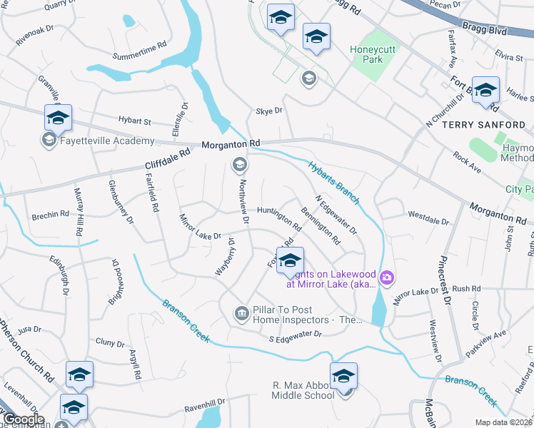 map of restaurants, bars, coffee shops, grocery stores, and more near 2724 Huntington Road in Fayetteville