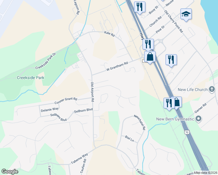 map of restaurants, bars, coffee shops, grocery stores, and more near 5-117 Hidden Pond Dr in New Bern