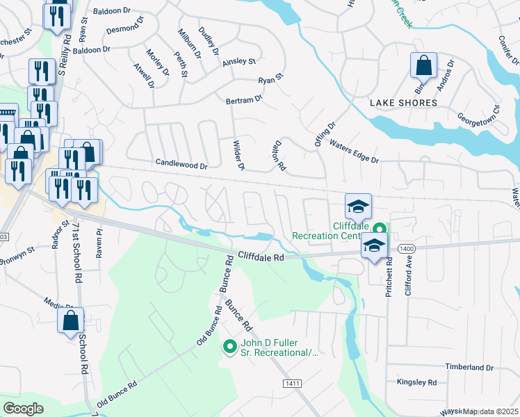 map of restaurants, bars, coffee shops, grocery stores, and more near 684 Bartons Landing Place in Fayetteville