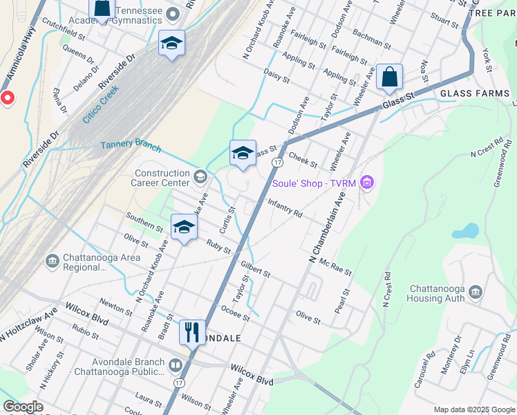 map of restaurants, bars, coffee shops, grocery stores, and more near 2093 Dodson Avenue in Chattanooga